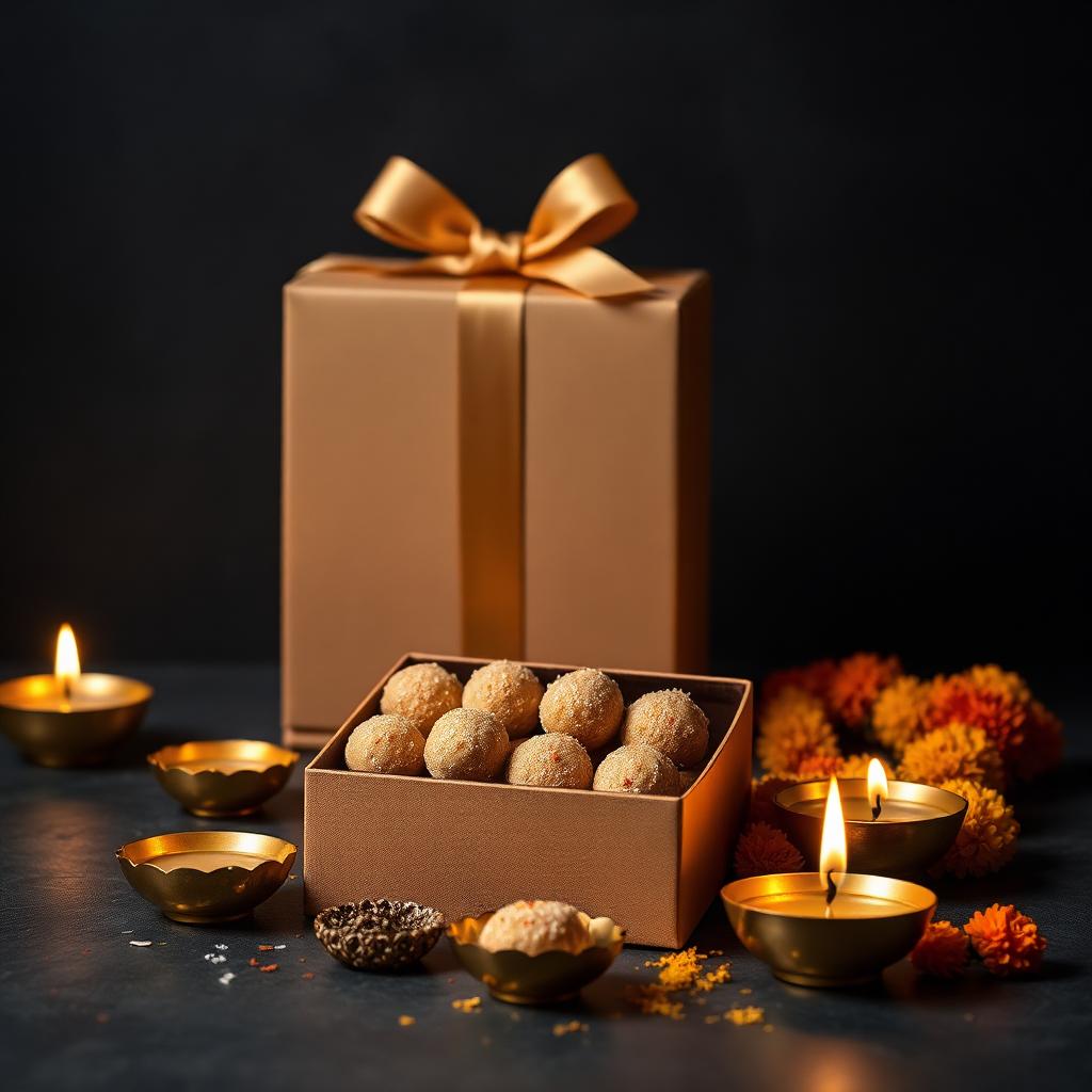 Festive ladoo gift box with marigolds and brass diyas