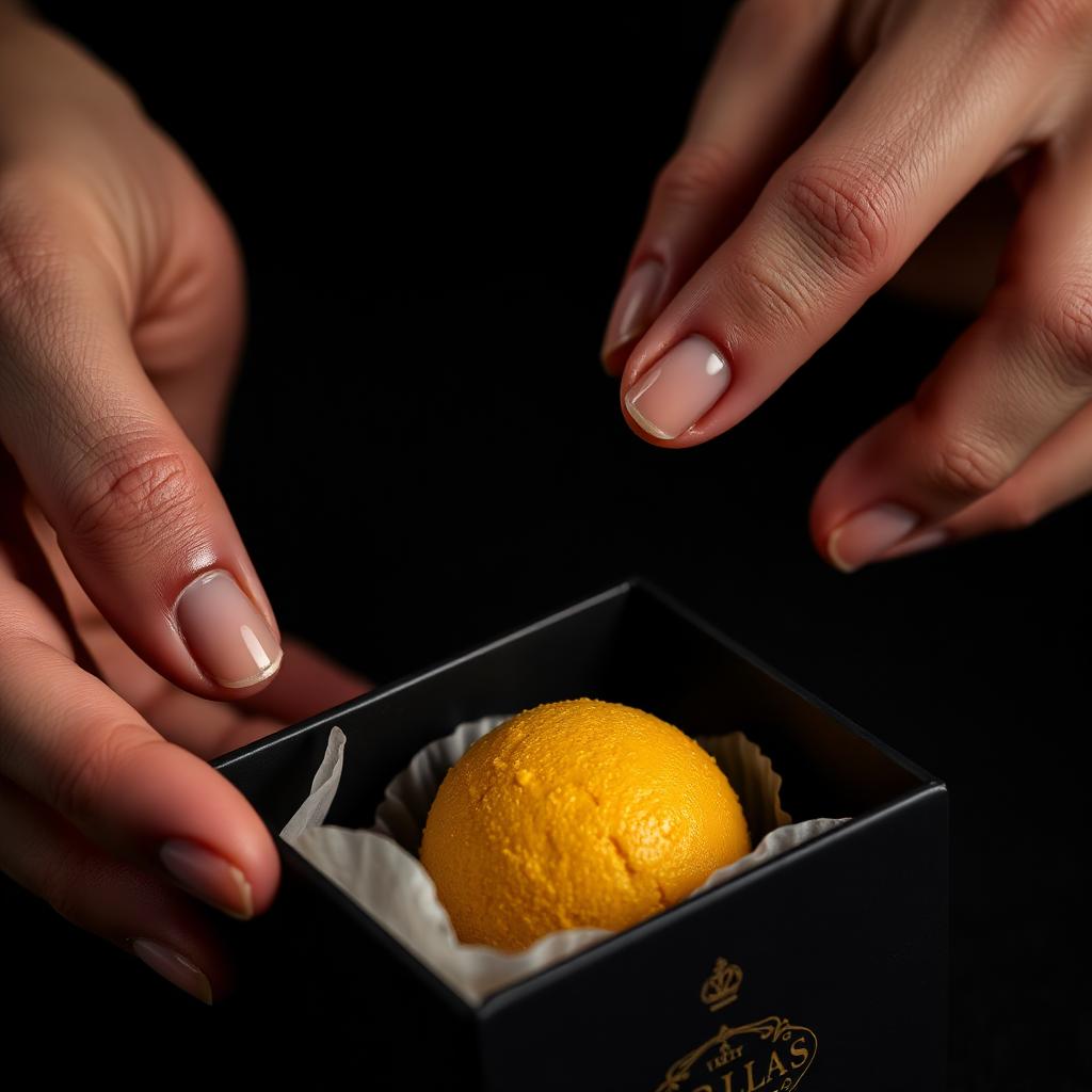 Hands placing a ladoo into an artisan rigid gift box